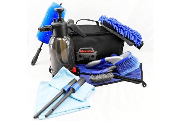 Meximia Kit Nettoyage Voiture,12PCS, Bouteille Spray Mousse prélavage, Gant Lavage Microfibre, Brosses Jantes et pneus, Pinceaux De Détail, Sac De Rangement