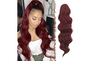 FESHFEN Coleta Postiza Larga Extension Coleta Rizada con Cordón Sintética Ondulado Postizos de Pelo para Mujer, Rojo 60cm