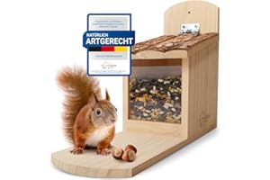 WILDLIFE HOME Mangeoire pour écureuils stable en bois massif avec toit en écorce – Résistant aux intempéries, mangeoire pour écureuils