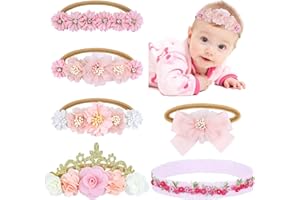 Dizila 6 Pieces Super Soft Stretchy Pink White Baby Girl Bow Flower Nylon Headbands Floral Lace Headbands Hair Accessories for Newborns Infants Toddlers Girls Kids