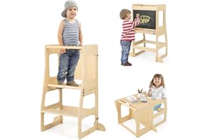 COSTWAY Torre de Aprendizaje Plegable 3 en 1, Taburete Infantil Montessori de Madera con Pizarra, Mesa, Taburete y Barra de Seguridad para Baño Cocina, Juego de Mesa y Silla para Niños