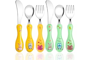 PAEFIU Set Couverts Enfant en INOX, 6 Pièces Couverts Bebe avec Motif Mignon, 2 x Fourchettes, 2 x Cuillères, 2 x Couteaux, Couvert Enfant en Poignée Ronde pour Garçons Filles (Jaune, Vert)