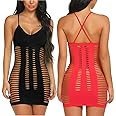 LOVELYBOBO Womens Fishnet Lingerie 2 Pack Outfit Mesh Hole Strap Chemise Seamless Hole Babydoll Mini Dress