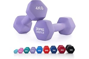 Core Balance Dumbbell Pair Hex Weight Neoprene Coated Cast Iron Strength Training (2 x 1kg, 2kg, 3kg, 4kg, 5kg, 6kg, 7kg, 8kg, or 10kg)