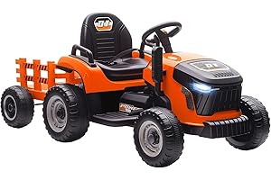 AIYAPLAY Elektrischer Kinder Traktor mit Anhänger, Aufsitztraktor mit Fernbedienung, 2 Motor, 3-Gang Kinder Elektroauto mit Musik, Hupe, Startgeräusch, Sanft Start, 3-5km/h, für 3-8 Jahre, Orange