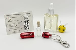 SMALL DOG BIG DREAMS Bee Revival Kit - 'Always Bee Happy' Engraved Keyring, Glass Vial, Bee Feed Dropper Bottle, Organza Pouch (Red)