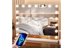 Aovquof Hollywood lusterko do makijażu z oświetleniem, 80 x 62 cm, duże podświetlane lustro z 17 diodami LED, 3 tryby świecenia, lusterko do makijażu z USB i lupa 10 x, do stołu lub montażu na ścianie