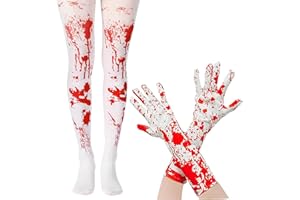 GWAWG 2 Pièces Bloody Halloween Costume 1 paire Gants Sanglants Réalistes et 1 Paire Tachées Gants d'Halloween Collants Blancs et Rouges Tachés de Sang pour Enfants Halloween Fille Zombie Infirmière D