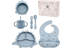 Lucky Koala® Coffret Repas Bébés en Silicone I Assiette et Bol avec Ventouse, Bavoir, Tasse et Cuillères d'apprentissage I Qualité Alimentaire I Sans BPA I Coffret Cadeau