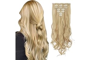 FESHFEN Extensiones de Cabello con Clips, Ondulado 7 PCS 16 Clips Cabello Extensiones con Clips Postizos Sintética Ondulado Rizado Extensiones de Pelo para Mujeres 50 cm