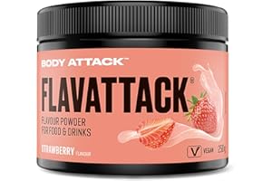 Body Attack Flavattack Strawberry, 250 g - nur 7 kcal/Portion - Intensives Flavour Pulver für Müsli, Rice Pudding, Haferflocken, Drinks etc. - Geschmackspulver ohne Palmöl, Aspartam, Gluten
