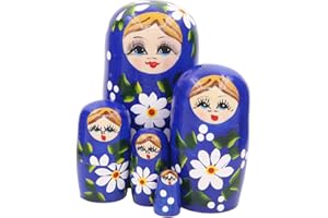Winterworm Set de 5 Blue Blonde Hair Girl Juguete de apilamiento de Madera Niño Babushka Matryoshka Muñeca Rusa de anidación para niños Juguete Cumpleaños