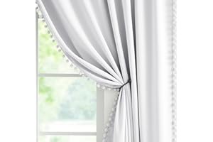 Abstractex Greyish White Pom Pom Blackout Curtains 72 Inch for Living Room Darkening Window Drapes for Bedroom Thermal Insulated Ring Top Eyelet Curtains for Kids Nursery Boys 54" W 2 Panels
