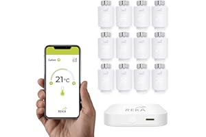 Tête Thermostatique Intelligente Connectée REKA - Contrôle Température Via Appli Tuya, Programmation, Détection Fenêtres Ouvertes - Compatible Assistants Vocaux (12, avec Passerelle)
