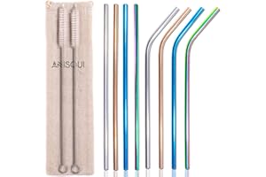 AniSqui Zestaw 8 kolorowych słomek wielokrotnego użytku ze stali nierdzewnej - zawiera 2 długie szczotki do czyszczenia