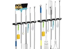 ACEMINING Ściana na miotłę, 5-uchwyty i 4-haki czarny 2-Pack Heavy Duty uchwyt na narzędzia samoprzylepny, uchwyt na miotłę z zainstalowaniem gwoździ, uchwyt na narzędzia ogrodowe