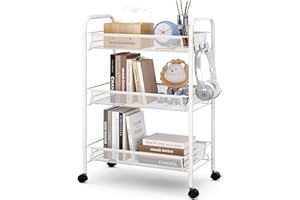 Urackify Chariot de Cuisine a 3 Niveaux pour Salle de Bain, Cuisine et buanderie. Métal résistant à la Rouille, Panier en Maille Respirante et Crochets latéraux Inclus. Facile à Installer,Blanche