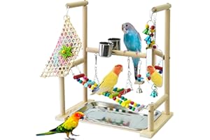 BREUAILY Parrot Stand With Mirror Natural Wood Bird Playground with Feeder Cup Swing Climb Ladder and Tray Parrots Perch Gym Traning Chew Toys for Small Parakeets Finch Budgie