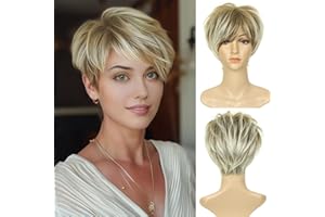 BECUS Perruque Femme Naturelle Blond Femme Courte Avec Frange Perruque Courte Pixie Synthétique de Cheveux Pour (Blond Mixte Brune)