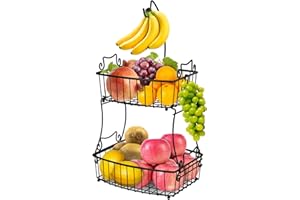 Bomclap Cestino per frutta a 2 ripiani, in filo metallico con porta banana, contemporaneo, per la cucina, per la conservazione giornaliera (nero)