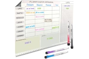 N NUEVAS IDEAS Planificador semanal magnetico - A3 - Pizarra magnetica nevera - Calendario magnetico nevera - 4 marcadores de color - Lista de la compra - Notas - En español