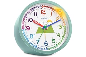Eachui Analog Wecker Kinder ohne Ticken für Jungen und Mädchen - Analog Quarzwecker mit Nachtlicht, Snooze und Batteriebetrieben Lernwecker, einfach einzustellen(Grün)