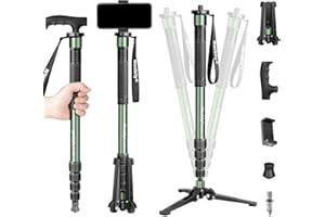 Manbily G-333 Camera Monopod 180cm for DSLR with Feet, Monopods for Cameras 5 Sections Walking Stick Hiking Pole, Mini Tripod Detachable Base, Aluminum Max 10KG Canon Nikon Sony (Olive Green)
