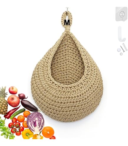Cesto da parete intrecciato a mano, a forma di goccia, per frutta