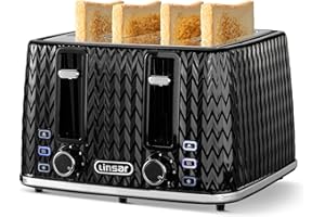 Linsar - 4 Slice Toaster - Unique Curved Texture - Defrost, Reheat, Cancel Functions - 7 Browning Levels, Wide Slots, Removable Crumb Tray - Automatic Switch Off - 1600 Watt (Black)