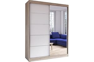 FABRYKA MEBLI IDŹCZAK Schiebetürenschrank, eleganter Kleiderschrank Schrank Garderobe Spiegel Vista 05, Schlafzimmer- Wohnzimmerschrank Schiebetüren Modern Design (Sonoma/Weiß)