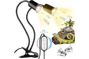TFNN Reptile Heat Lamp, Double-Head Heat Lamp with Clamp, UVA UVB Reptile Light with Intelligent Cycle Timer for Turtle, Bearded Dragon, Lizard and More, 2 Bulbs 25W+50W