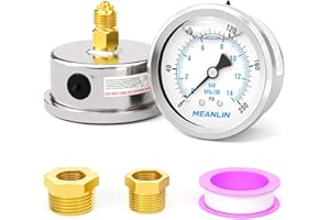 MEANLIN MEASURE 0~14BAR/0~200PSI Flüssigkeitsgefülltes Manometer, Edelstahl 1/4"BSP 2.5"FACE DIAL, WOG Wasser-Öl-Luft Rückwandmontage, mit 1/4"x 1/2"BSP und 1/4"x 3/8"BSP Sechskantbuchse