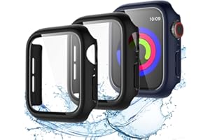 Upeak wasserdichte Schutzhülle Displayschutz für Apple Watch Series SE 2022/4/5/6 44mm 40mm Hülle, Hartes PC-Gehäuse Case Cover mit Panzerglas Schutzfolie für iWatch 44mm-Schwarz/Schwarz/Blau