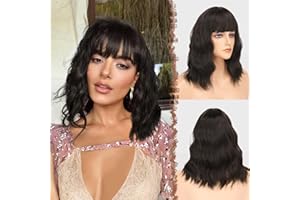 FESHFEN Wellig Schwarz Braun Perücken mit Pony Bob with Bangs Gewellte Perücken Synthetik Perücke Mittellang mit Pony Kurze Haar Natürliche Perücke Mädchen Damen Tägliche Partykleidung 35cm