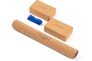 Myga Cork Yoga Starter Set - Cork Mat, 2 Blocks & Strap - Starter Kit with Mat, 2 Bricks & Metal D Ring Belt for Hot Yoga, Pilates & Fitness - Home Studio Gift - Choice of Colour