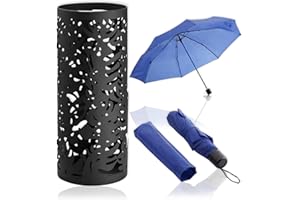 K AKTUAL - Paraguero Redondo con Paraguas Plegable - Paragueros Modernos de color negro con ganchos y bandeja antigoteo extraíble - Paragüero de metal 20 x 50 cm