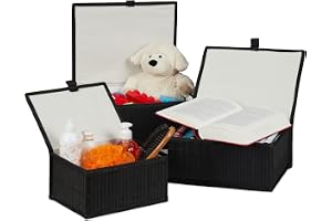 Relaxdays förvaringskorgar, 3-pack, lock och tyginsats, bambu