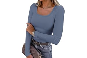 Chicrise Long Sleeve T Shirts Women U Neck Tops Basic Slim Fit Skims Lightweight Ribbed Knitted Blouse