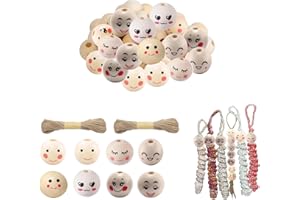 Carexult 160 Stück 8 Stile Holzperlen mit Gesicht, Runde Holzperlen 20mm, Naturholzperlen für DIY Handwerk Halskette Kinderbasteln Dekorationen, Schmuck Armband Halskette