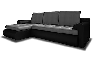 ‎SOFNET Ecksofa Santi II mit schmutzabweisender Stoff - Couchgarnitur mit Schlaffunktion und Bettkasten, Couch, Polsterecke, Schlafsofa (Schwarz + Grau (Madryt 1100 + Trinity 14), Ecksofa Links)