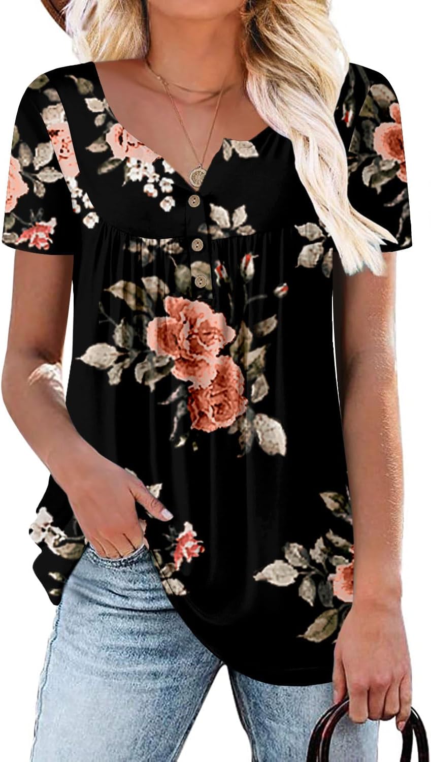 KISSMODA Ladies Pleated Tunic Tops for Women Buttons up Long Sleeve Shirts Floral Print