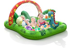 Airefina Inflatable Paddling Pool for Kids, Swimming Pool with Slide and Sprinkler Arch, 246x193×105cm Dino Planet Water Play Center, Summer Swim Kiddie Pool with Play Ball Hoop Ages 3+
