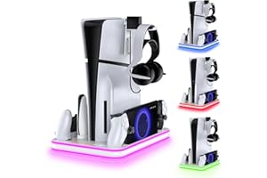 WUXIDIXI Charger Dock compatible with PS Portal, PS5 Stand and Cooling Station with RGB LED Charging Dock, Playstation 5 Edge Controller and Headset and Remote Holders