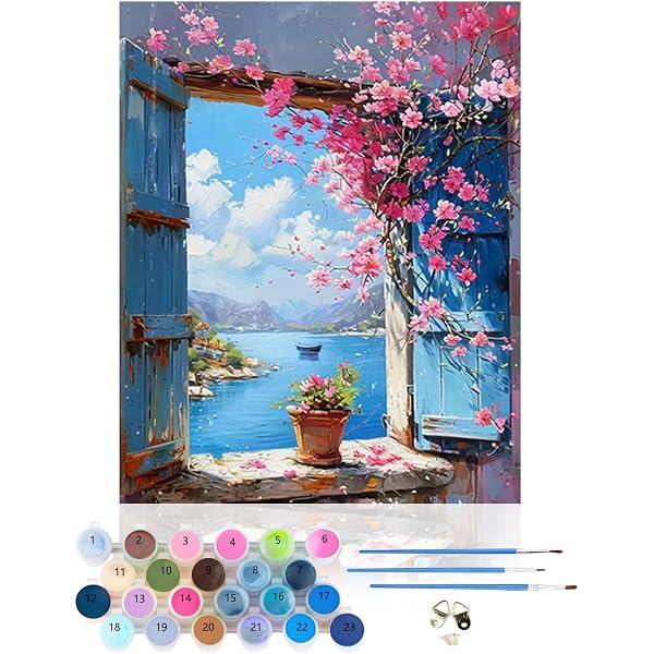Kit Peinture Par Numéros Adulte - Paysage Rivière Bateau - Toile 40x50cm + Pinceaux
