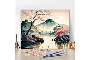 TISHIRON Japoński krajobraz do malowania według liczb, Mount Fuji, zestaw do malowania według liczb, zestaw dla dorosłych, japońskie drzewa wiśni, akwarela, zestaw do malowania według liczb, łatwe malowanie
