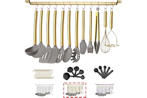 HOMQUEN 38 Pieza Juego De Utensilios De Cocina Con Rejilla Para Utensilios, Cabezal De Silicona Y Mango De Acero Inoxidable, De Cocina Para Juegos De Utensilios, Antiadherentes Utensilios Cocina (Dorado)