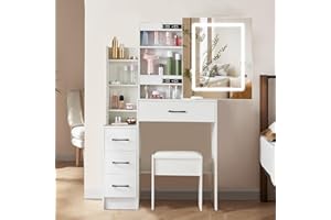 SAIHEMEI Dressing Table with LED Lights and Mirror, Bedroom Vanity Table with 3 Lighting Modes Adjustable Brightness, White Makeup Vanity with Drawers and Shelves, Makeup Dresser Desk for Girls and Women