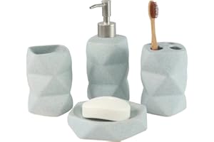 GOLDBEARUK Bathroom Accessory Set Geometric Duck Egg Blue Ceramic 4 Piece