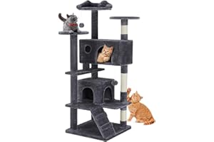 DUMOS Katzen Kratzbaum, 135 cm Katzenbaum Kletterturm, Katzenkratzbaum, Cat Tree mit Höhle, Komplett mit Sisal Umwickelt, Scratching Post, Aktivitätskratzbäume für Katzen Jeden Alters (Dunkelgrau)