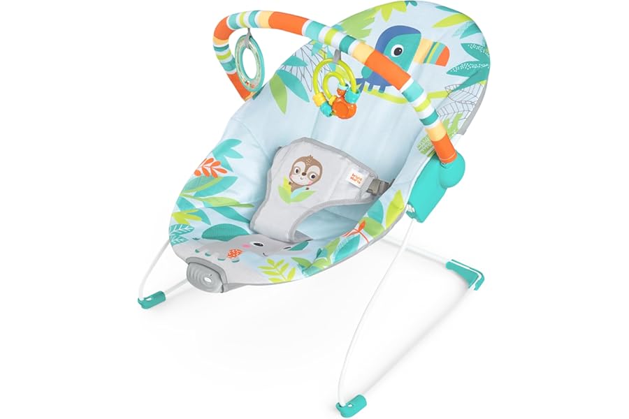 Bright Starts Baby Bouncer Soothing Vibrations Infant Seat - Removable Toy Bar, Nonslip Feet, 0-6 Months Up to 20 lbs (Rainforest Vibes)